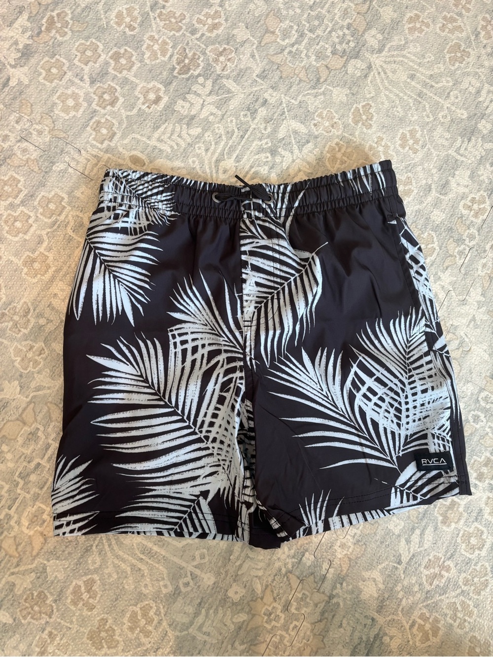 RVCA Boys M Black & White Palm-Print Swim Trunks
